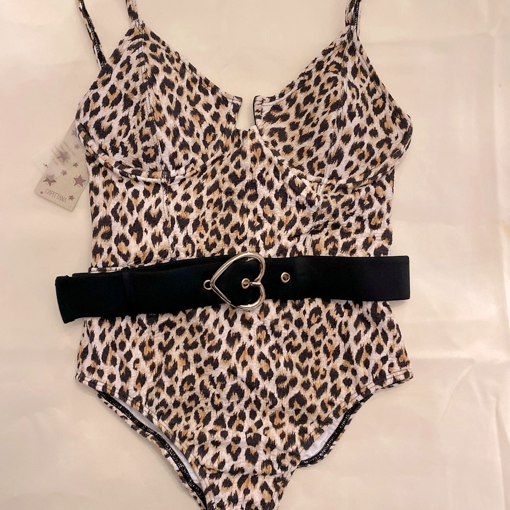 Black and Cream One-Piece Swimsuit with Waist Cinch